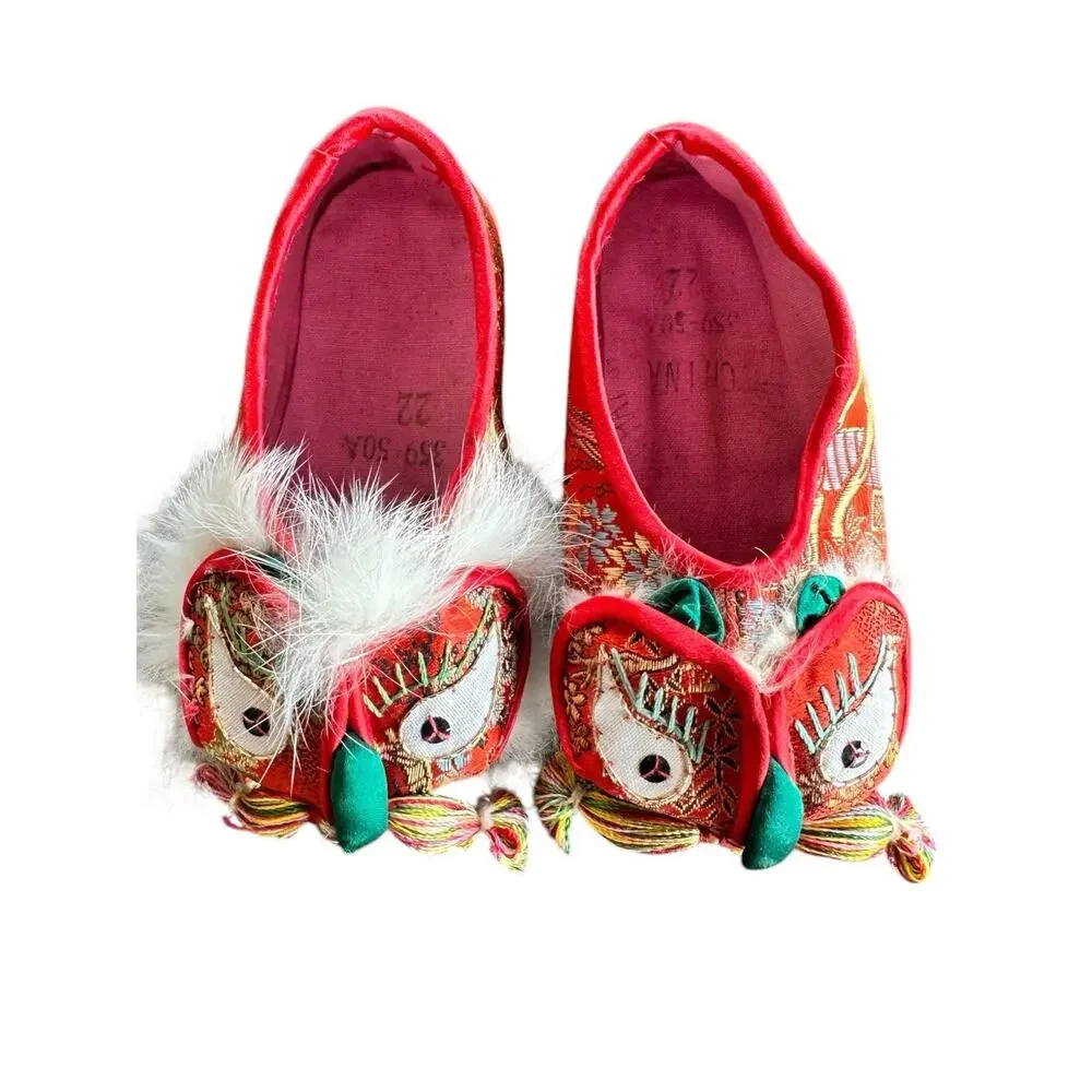 Vintage Pair Child Toddler Chinese Red Dragon Slippers Satin & Fur China 4 3/4”